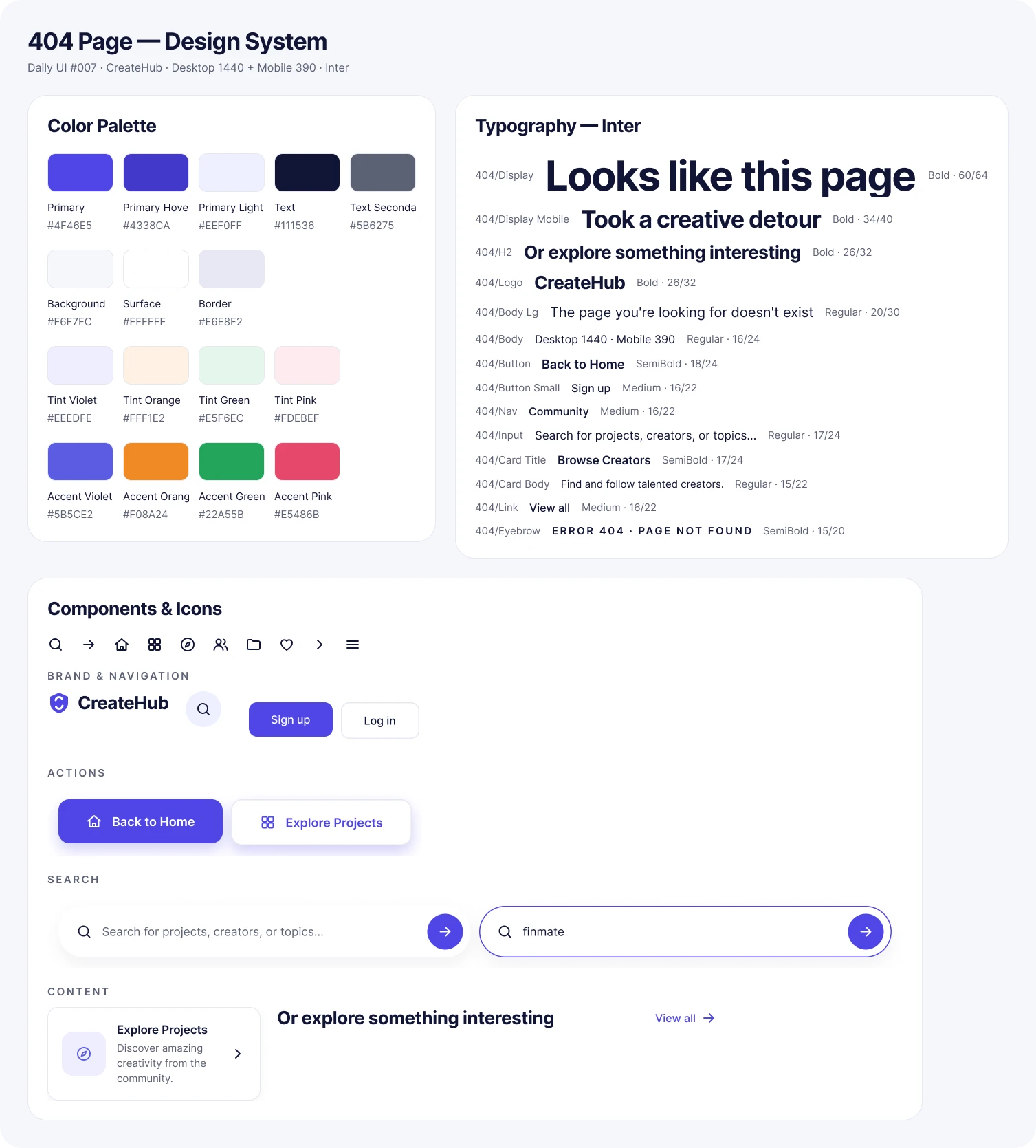 404 page design system: colour palette, Inter type scale, icons and components