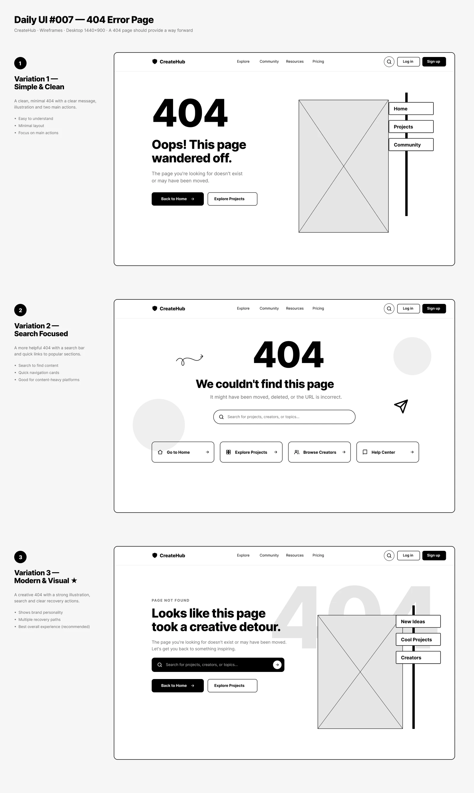 Three 404 page wireframes stacked: simple and clean, search focused, and modern and visual