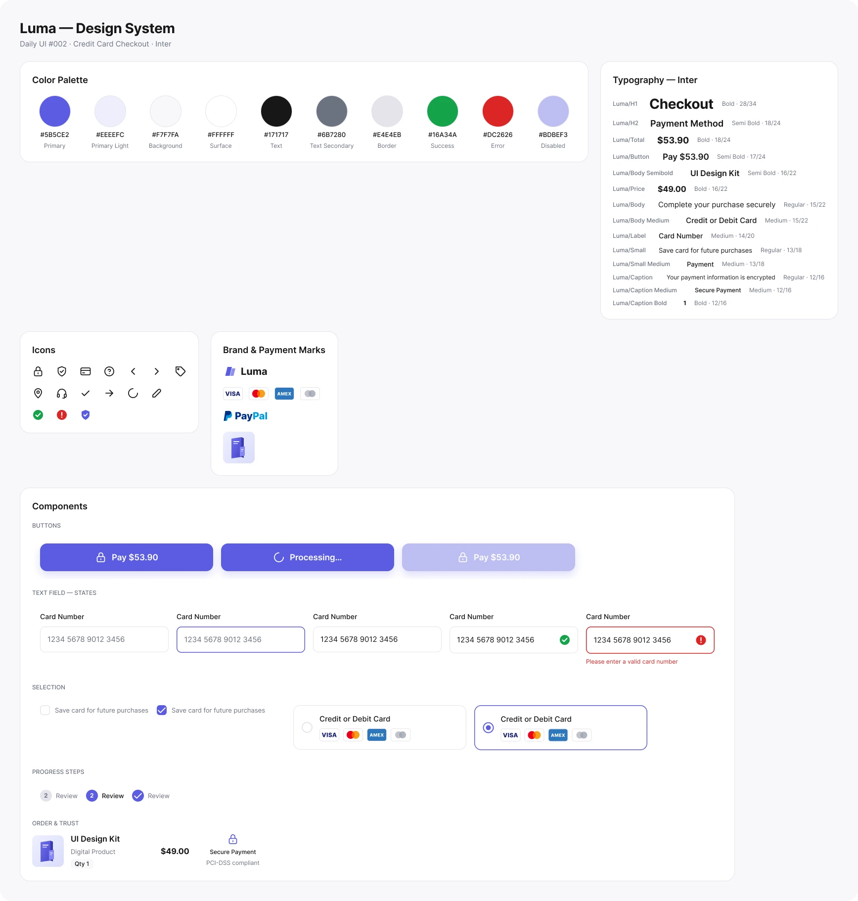 Luma design system: colour palette, Inter type scale, icons, payment marks and component states