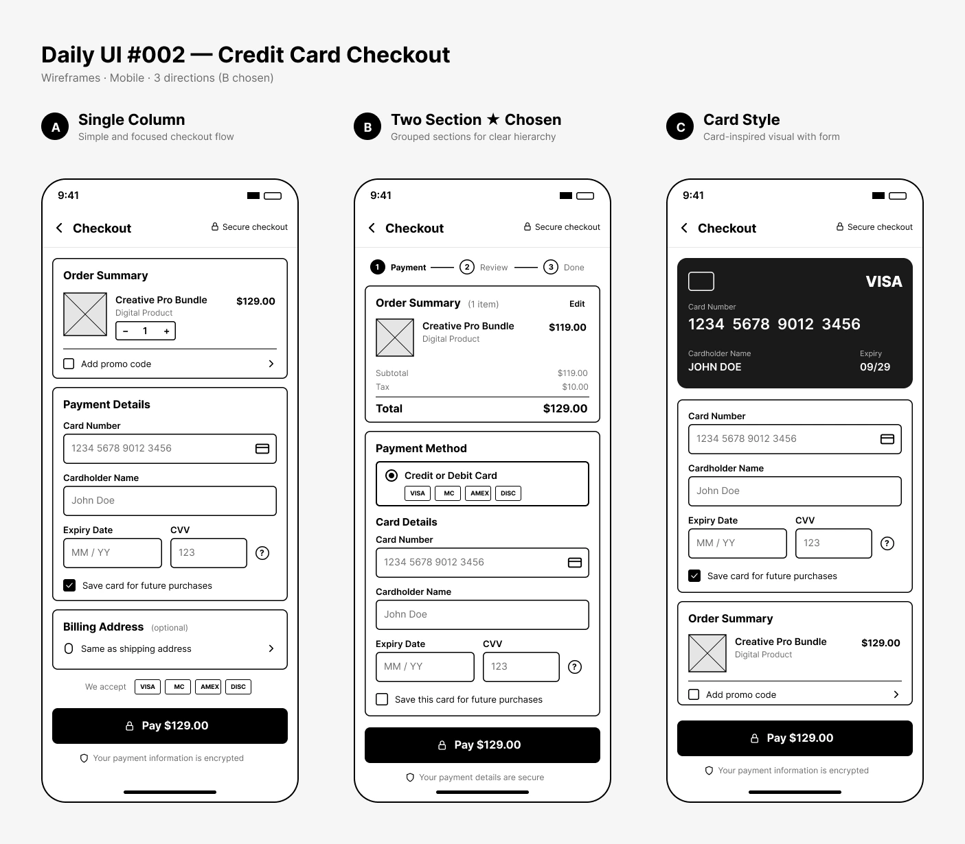 Three checkout wireframes: A single column, B two section (chosen), C card style