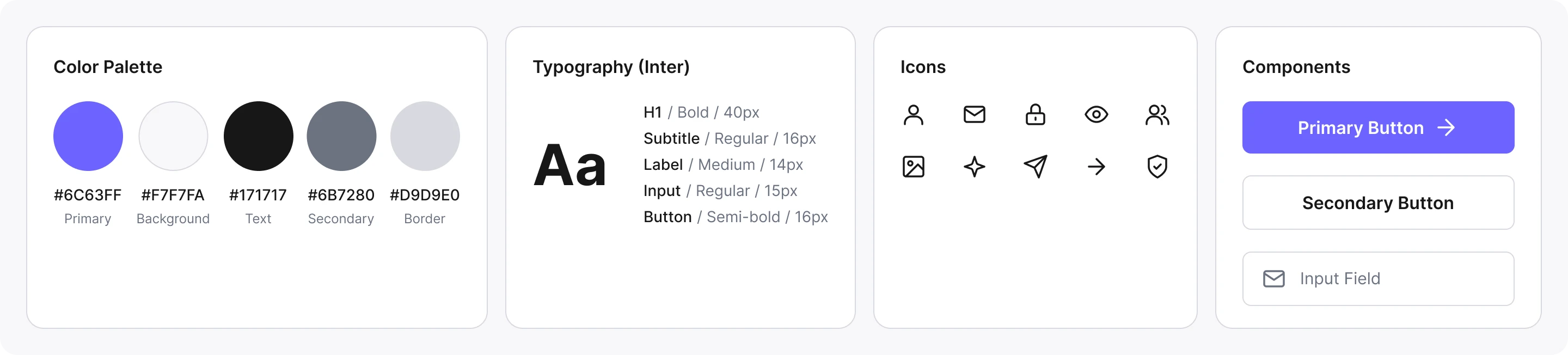 Creatika design system: colour palette, Inter typography, icons and components