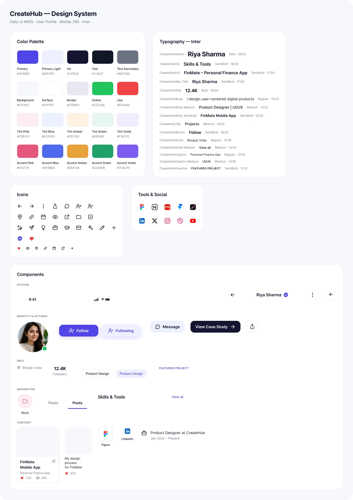 CreateHub design system: colour palette with tints and accents, Inter type scale, icons, tools and social logos, and components