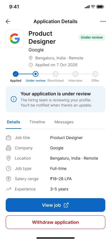 Application details screen