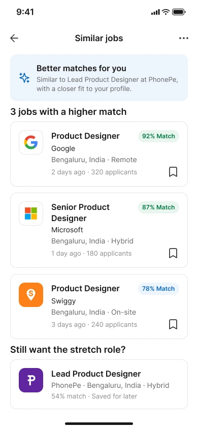 Similar jobs screen