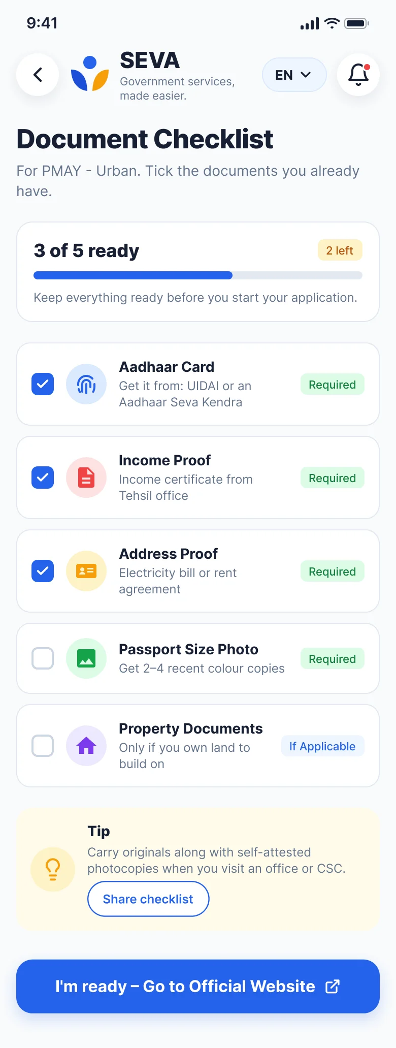 Document checklist screen