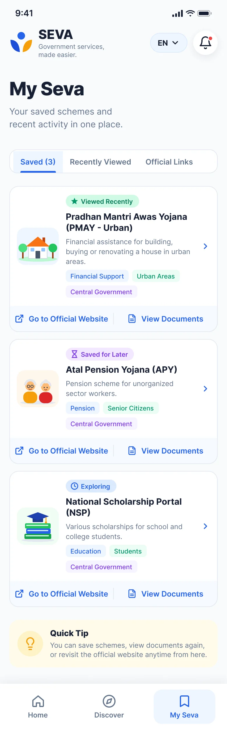 My Seva screen