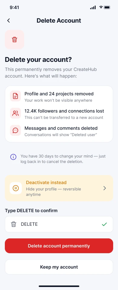 Delete account screen