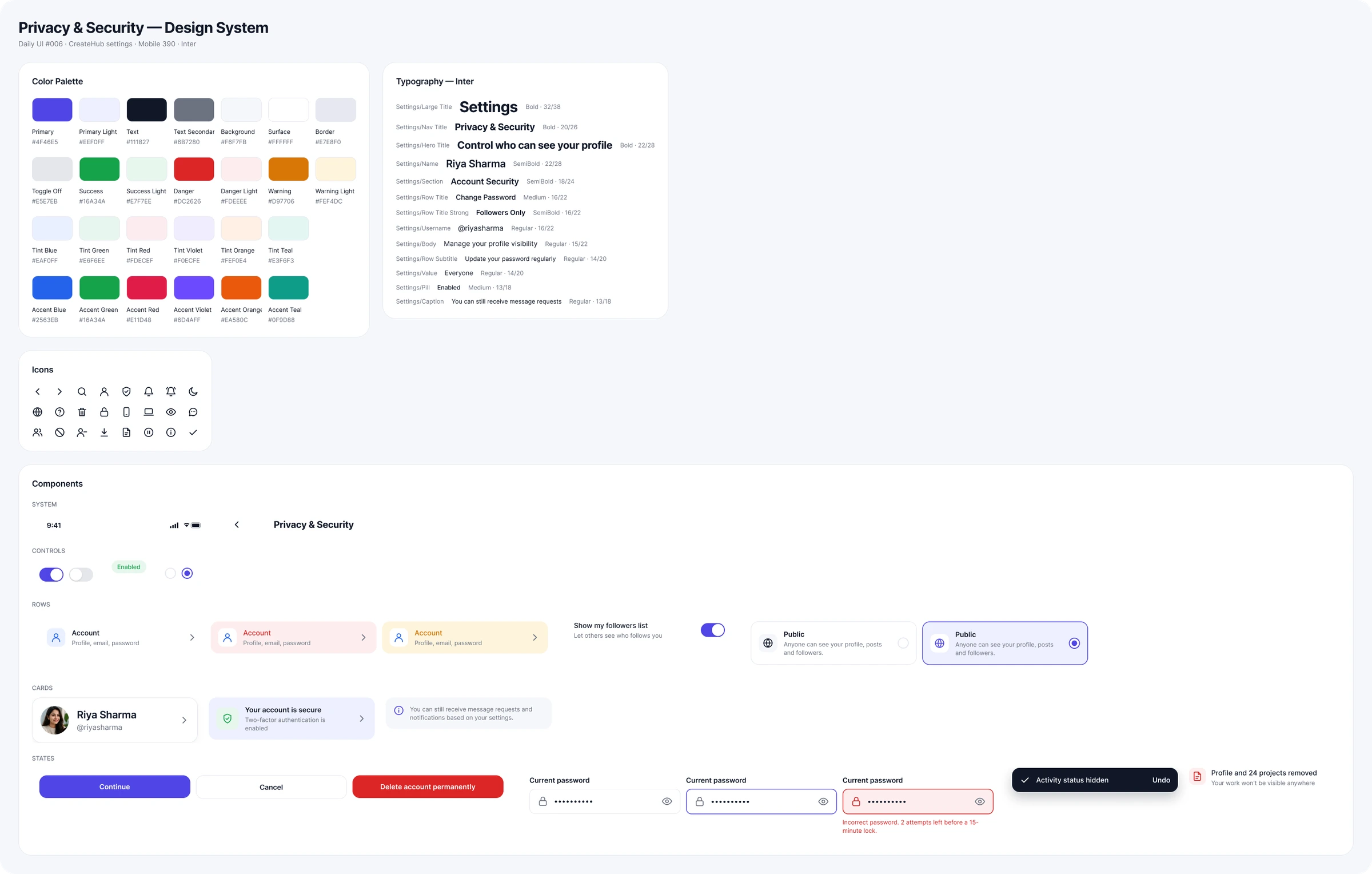 Privacy and security settings design system: colour palette, Inter type scale, icons and components