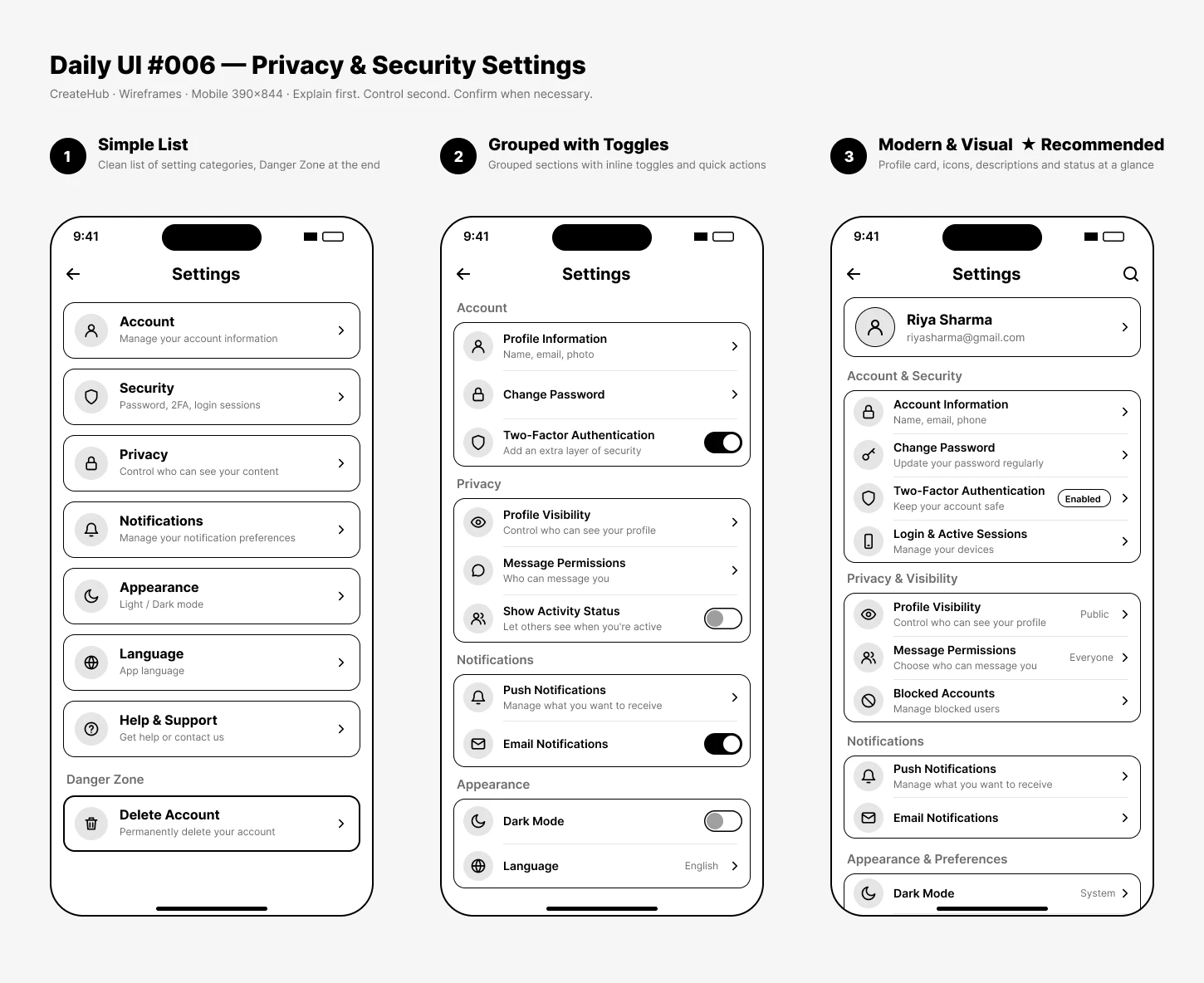 Three settings wireframes: simple list, grouped with toggles, and modern and visual